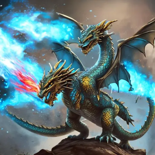 Prompt: war between fire dragons and water dragons but a dragon on the fire team is part water dragon