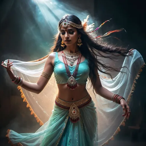 Prompt: Ghost of an Indian dancer in fantasy art style, ethereal and transparent figure, flowing traditional attire, intricate jewelry with glowing gemstones, haunting and mesmerizing gaze, supernatural aura, misty atmosphere, vibrant and rich color palette, glowing and ethereal lighting, high quality, fantasy art, Indian dancer, transparent figure, flowing attire, glowing jewelry, haunting gaze, supernatural, misty atmosphere, vibrant colors, ethereal lighting, dancing pose full body
