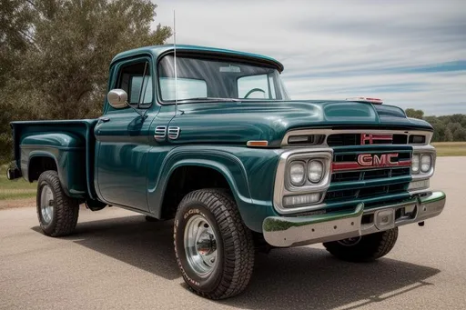 Prompt: A wide angle longshot of Vintage GMC Trucks at a jobsite 