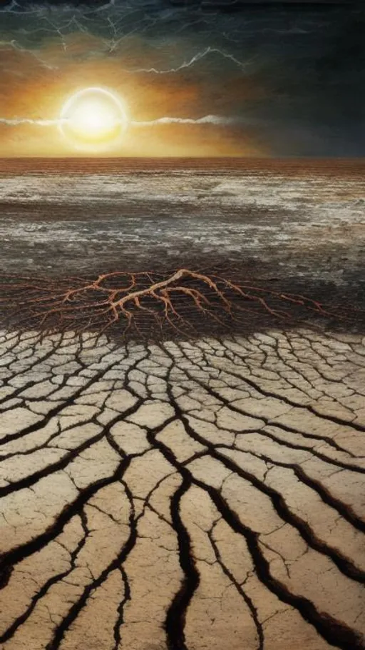 Prompt: The gulf of Mexico dried up due to global warming. Oil painting, 4K, apocalypse artwork, natural lighting, darkened sky, detailed background, dried up sea bed, 