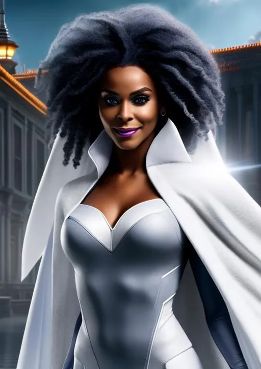 Prompt: High-resolution hyperrealistic photo of x-man storm ororo munroe merged with avenger photon monica rambeau, white hair, grey and white costume, white cape, flight, uhd, hdr, 64k