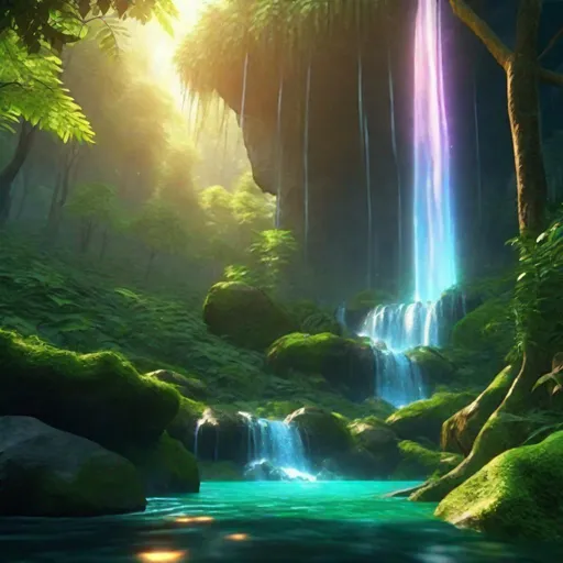 Prompt: Envision a glowing waterfall in a lush forest. Fantasy, another dimension. Hyperrealistic, UHD, HD, 8K