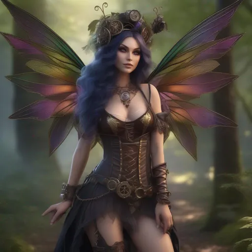 Prompt:  Shes a Steam Punk, gothic witch.  distinct Winged fairy, with a skimpy, ((colorful)), gossamer, flowing outfit, standing in a forest by a village. ((Wide angle)),  Detailed Illustration. 4k, 8k.  Full body in shot. Hyper realistic painting. Photo realistic. A ((beautiful)), ((shapely)) woman with anatomically ((realistic hands)), and ((vivid)) colorful, ((bright)) eyes. A ((distinct))  Halloween night. Concept style art. ((Epic)). ((Cinematic))