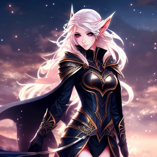 Prompt: Anime Splash art, full body beautiful busty elven woman, fantasy, medieval, blond hair, black long dress, leather armor, hooded cloak, leather, boots, cold colors, dark fantasy atmosphere, moon background, by wlop