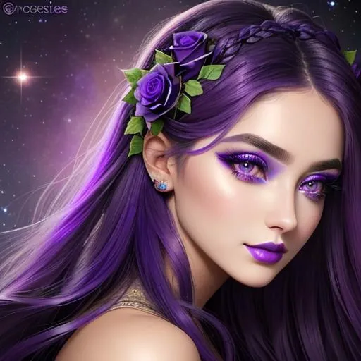 Prompt: Cosmic Epic Beauty, Beautiful and Gorgeous, purple roses in hair, violet eyes and lips, pretty makeup, facial closeup