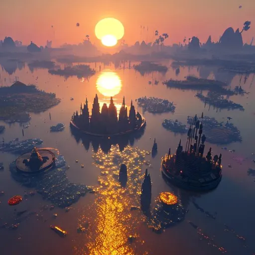 Prompt: sunrise on water world with floating city