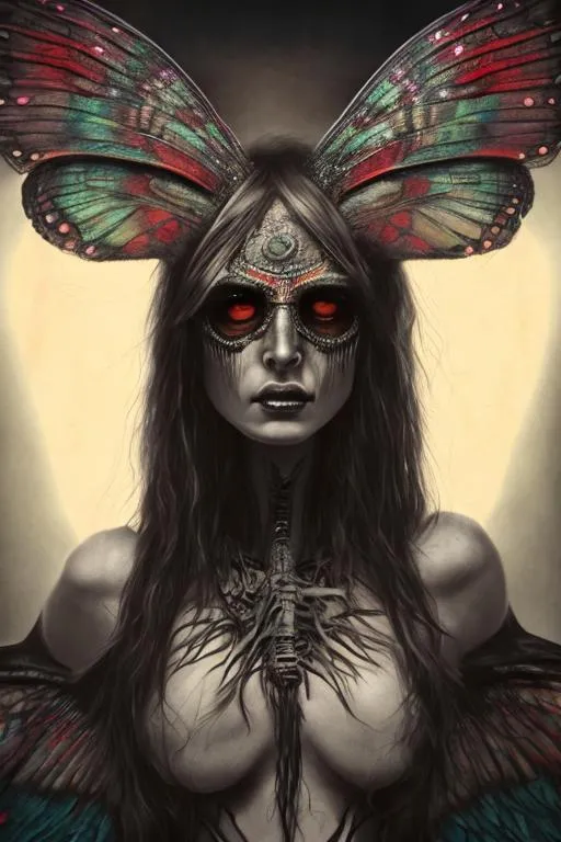 Prompt: aztec, lich, female, Ītzpāpālōtl, goddess, realistic, moth wings, moths, undead, dark fantasy, skeletal