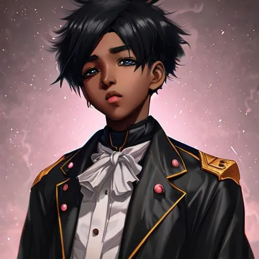 Prompt: anime character, background digital painting, digital illustration, extreme detail, digital art, ultra hd, vintage photography, beautiful, aesthetic, style, hd photography, hyperrealism, extreme long shot, telephoto lens, motion blur, wide angle lens, sweet blissful black boy, amazing quality, beautiful