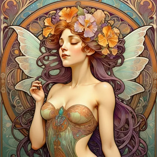 Prompt: Alphonse Mucha style, art nouveau illustration, full body bare breasted Monacan woman, fairy wings made of Amblygonite, eyes open and feeling pleasure, detailed Iris germanica, thick lines, intricate details, beautiful colors, high quality, art nouveau, detailed wings, elegant, intricate linework, vibrant colors, graceful pose, professional, atmospheric lighting