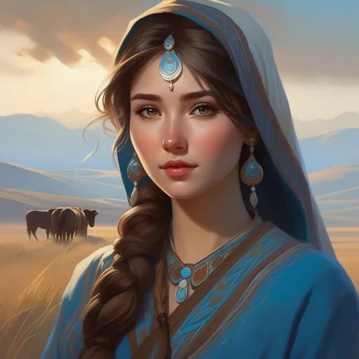Prompt: Third person, gameplay, ancient Kazakh girl, pale skin, brown hair, brown eyes, steppe, fog, blue atmosphere, cartoony style, extremely detailed painting by Greg Rutkowski and by Henry Justice Ford and by Steve Henderson 