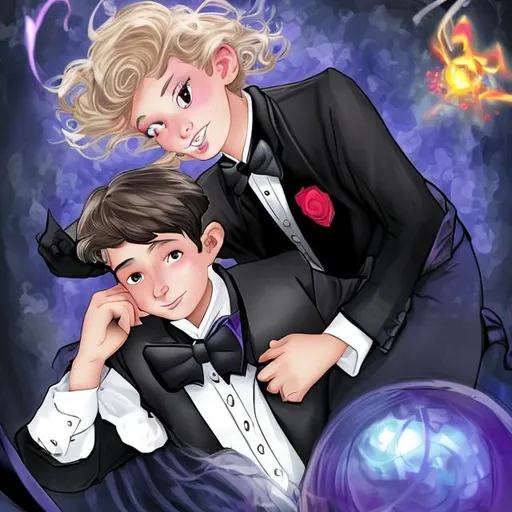 Prompt: 13 years old male magician in a tuxedo laying on top of a 13 year old female witch in a ball gown in a bed causing crazy magic to come spewing out from in between them 