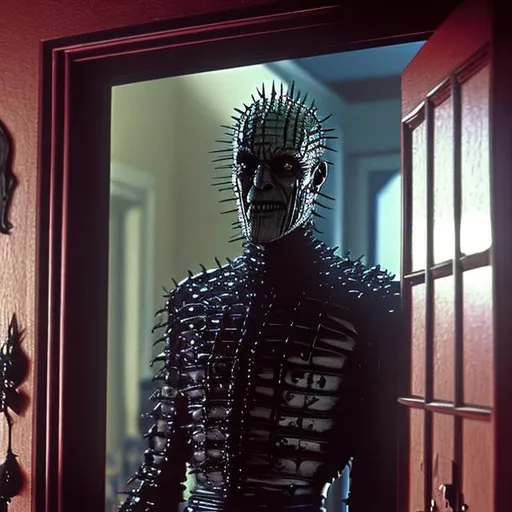 Prompt: Point of view is from inside a normal full color suburban home. The front door is open. Through the front door we see pinhead, the cenobite from hellraiser. He is standing in the doorway visibly annoyed with his arms crossed over his chest wondering why 