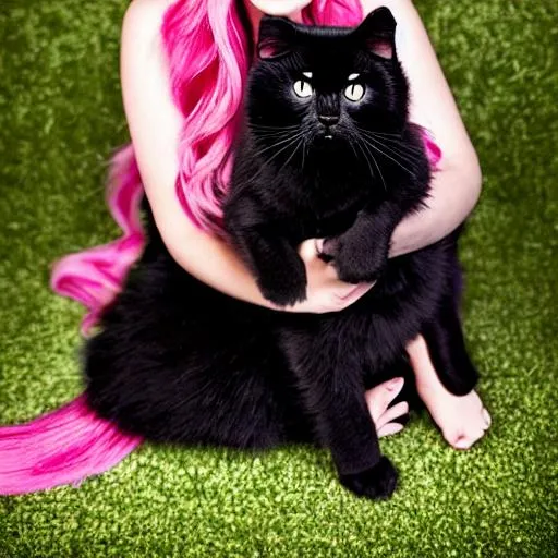 Prompt: A full body portrait of a black cat named Goober that is part demon and part adorable fuzzball of doom sitting on a cute pink haired thirty year old woman's lap, perfect composition, hyperrealistic, super detailed, 8k, high quality, trending art, trending on artstation, sharp focus, studio photo, highly detailed