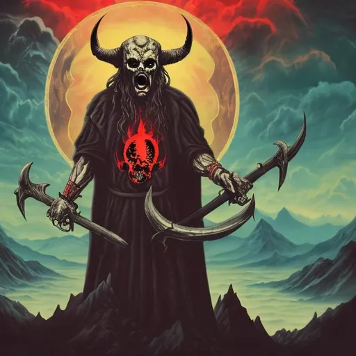 Prompt: satan with skulls, mountain, wizard, red, black, sky,