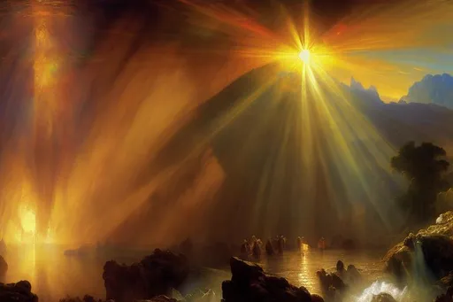 Prompt: Resurrection of Christ with sunburst in the style of Thomas Moran with sublime light and the texture found in Albert Bierstadt, Frederic Edwin Church and JMW Turner's oil paintings
