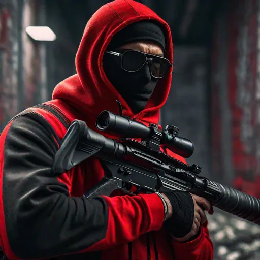 Prompt: A man with black glasses, wearing a red sweatshirt with black stripes and a black balaclava, with a sniper rifle, background zombie apocalypse, Hyperrealistic, sharp focus, Professional, UHD, HDR, 8K, Render, electronic, dramatic, vivid, pressure, stress, nervous vibe, loud, tension, traumatic, dark, cataclysmic, violent, fighting, Epic