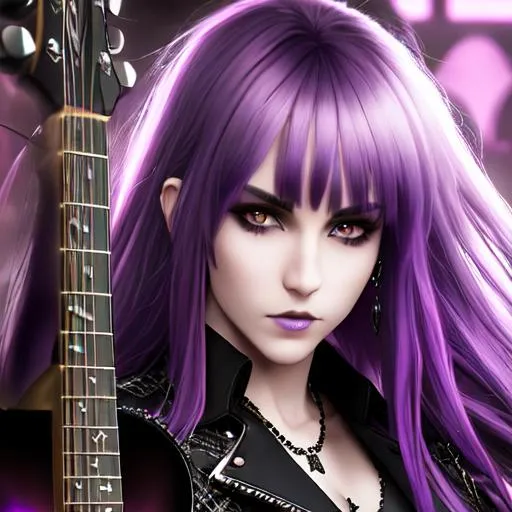 Prompt: headshot portrait of pale rocker, at a graveyard, plaid skirt,skinny, fit,  undead daemon, holding fender guitar between legs, 20 years old, on a speaker, body tattoos of dragons, long purple hair with white highlights, sad face, parted bangs, brown eyes, ethereal, black v shirt, cleavage, spiky hair, royal vibe, highly detailed, digital painting, trending on artstation , HD quality, smokey eyes, by Greg Rutkowski