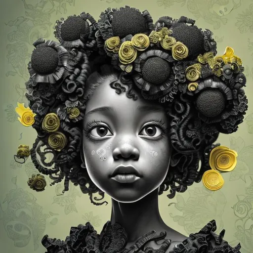 Prompt: Artwork by Daisuke Hagiwara of a black girl, curly hair, flowers in hair, lime and black dress with ruffle and bow details, light black eyes, upturned mouth, hyper detailed and intricate, ornate, (sharp focus:1.2),smooth facial, eyes, nose, hand features, vivid, vibrant, 8K 3D, (UHD:1.2), 8k resolution, character design, CloverWorks, (rendered by real engine 5)