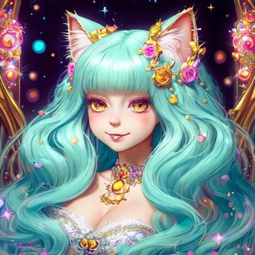 Prompt: Portrait Of A Cute Cat, Fluffy, Long Hair, Hyperdetalization Of Eyes, Lace, Beautiful Dress, Rhinestones, Sequins, Kind Face, Cute Smiles, Soft Facial Features, Thick Eyelashes, Jewelry, Lisa Frank, Anime, Anna Dittmann, Fantasy Art, Concept Art, Colourful Lighting, Golden Hour, anime Character Design, Unreal Engine, Vintage Photography, Beautiful, Tumblr Aesthetic, Retro Vintage Style, Hd Photography, Hyperrealism, Beautiful Watercolor Painting, Realistic, Detailed, Painting By Olga Shvartsur, Svetlana Novikova, Fine Art, Soft Watercolor