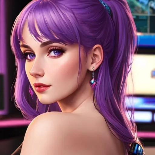 Prompt: 4K, 16K, picture quality, high quality, highly detailed, hyper-realism, skinny woman, playing games, purple hair, gaming girl