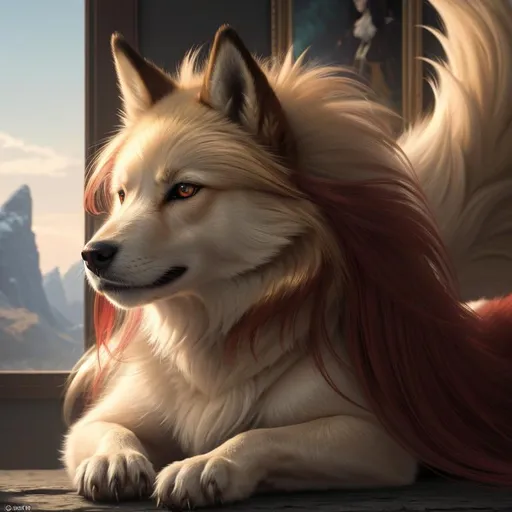 Prompt: 8k, 3D, UHD, masterpiece, oil painting, best quality, artstation, hyper realistic, photograph, perfect composition, zoomed out view of character, 8k eyes, Portrait of a (beautiful Ninetales), {canine quadruped}, thick glistening gold fur, deep sinister (crimson eyes), ageless, lives a thousand years, epic anime portrait, vindictive, angry, growling, vengeful, wearing a beautiful (silky scarlet and gold scarf), thick white mane with fluffy golden crest, golden magic fur lighlights, studio lighting, animated, sharp focus, intricately detailed fur, graceful, regal, cinematic, magnificent, sharp detailed eyes, beautifully detailed face, highly detailed starry sky with pastel pink clouds, ambient golden light, plump, perfect proportions, nine beautiful tails with pale orange tips, insanely beautiful, highly detailed mouth, symmetric, sharp focus, golden ratio, complementary colors, perfect composition, professional, unreal engine, high octane render, highly detailed mouth, Yuino Chiri, Anne Stokes