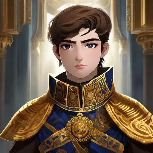 Prompt: a young kind emperor only the age of 22, with his short brown hair framing his face, white mask wraped around his heterochromia eyes of blue and gold.