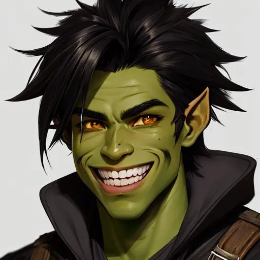 Prompt: a portrait of a handsome male goblin, wild tangled black hair. dark brown and green skin tone, chaotic, exaggerated grin showing human teeth, wide face, slight and wiry, digital art, popular on Artstation