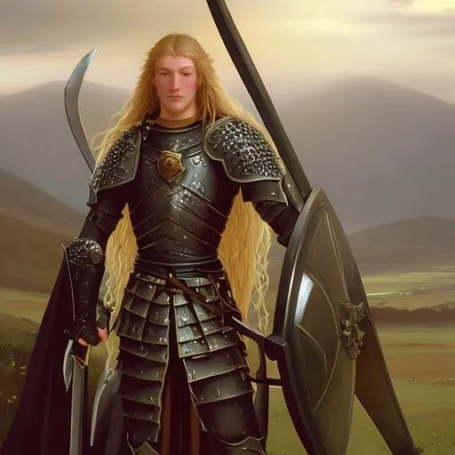 Prompt: Warrior knight with long blonde hair, Edmund Leighton