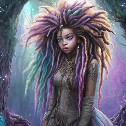 Prompt: Create fairy tale creatures with dreadlocks hair. Fairy colors. Fairies. Unicorns. Outside, daylight. Science fiction. 64k. UHD, HDR. ((Masterpiece))