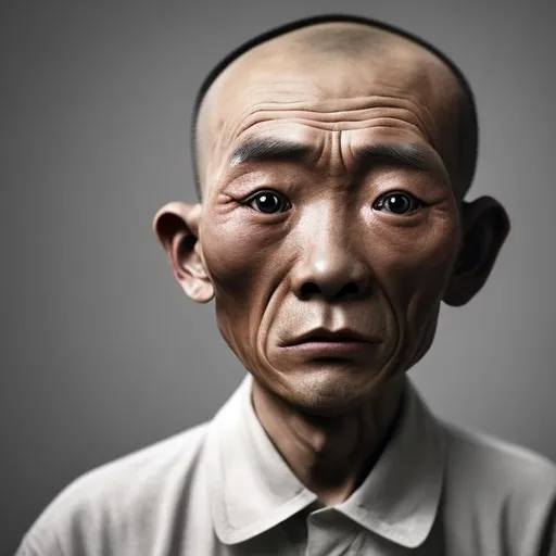 Prompt: Chinese man in 50s with a horse face and no hair, and small eyes. And he is mentally unstable. That likes Nike