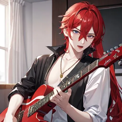 Prompt: Zerif 1male (Red side-swept hair covering his right eye) singing and playing an electric guitar, in the bedroom. UHD, 8K, highly detailed
