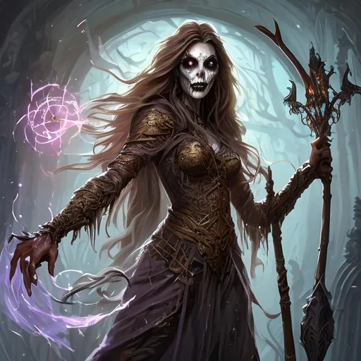 Prompt: Full body splash art portrait of a female undead sorceress casting a spell, very long light honey brown hair with a fringe, wearing long light-colored iridescent robe, carrying a wooden staff, D&D, fantasy, intricate, highly detailed, sharp focus, digital painting, oil painting, master piece, artstation, concept art, 4k, 8k