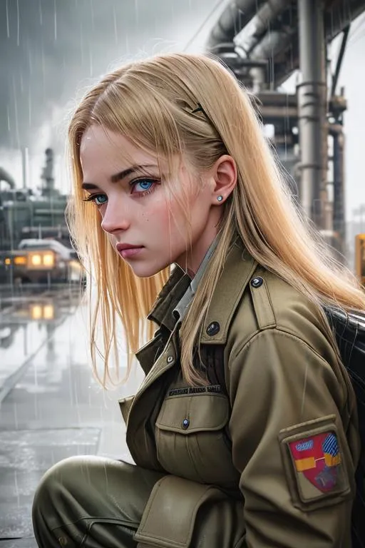 Prompt: Analog style portrait+ style ; war girl in heavy rain, wet, wearing baggy pants and military uniform visiting fuel refinery. Hyperealistic 8k shot of rainstorm beautiful morning hour high resolution dim lighting. Hazel gold eyes. Long blond hair. Shadow eyeliner. Squatting. Alien shaped eyes.