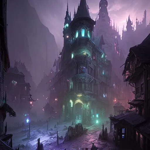 Prompt: extreme long shot concept art depicted old mountain town, necromancer town, dark fantasy, arcanepunk, arcane purple and green glow, dark ambiance, art by Cédric Peyravernay and HR Giger
