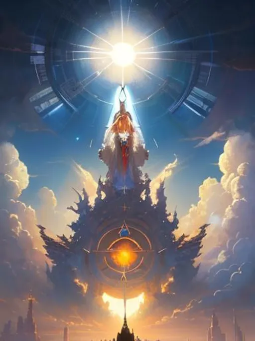 Prompt: heaven, clouds, sky, god, very bright holy light, greg rutkowski, vibrant colors, full hd, high quality, 4k, trending on artstation, oil painting, symmetrical, intricate, highly detailed,