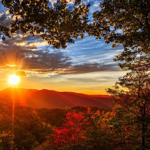 Prompt: the morning sun peaking over the blue ridge mountains, natural lighting, vivid colors, everything in sharp focus, HDR, UHD, 64K 