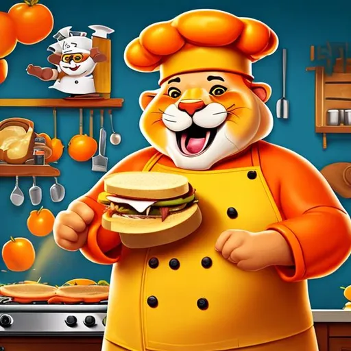 Prompt: a comic picture of a funny and smiling chef lion that has a hat of chef, making sandwhiches in a kitchen. the lion has orange clothes