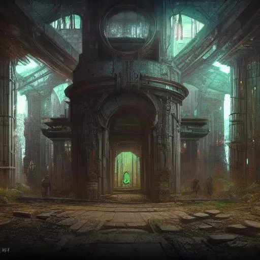Prompt: forgotten cyberpunk temple, metal and stone, esoteric, concept art, high definition
