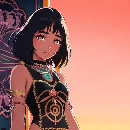 Prompt: Naomi Scott wearing tribal cueitl, tribal village background, very anime!!! anime!! intricate details, aesthetically pleasing pastel colors, black to brown fade hair, sunset poster background, art by conrad roset and ilya kuvshinov, pop art 