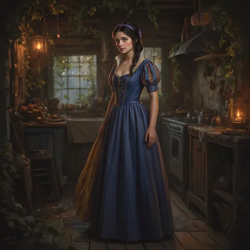 Prompt:  A full-length portrait of Snow White standing inside the kitchen of the Dwarves' forest cottage, styled with the delicate, hyper-realistic painterly look of a Renaissance-inspired fairytale painting. She has striking, wide cerulean blue eyes, a porcelain complexion that practically glows, highlighting her rosy cheeks, and dark hair tied back with soft purple ribbons. Her expression is gentle and curious, with a touch of innocence and resolve. Her dress is a modern fairytale reinterpretation: flowing, rustic yet elegant, in deep indigo and muted gold tones with subtle embroidery. The scene is set at twilight in a lush, enchanted forest cottage, with the warm glow of lantern light filling the cozy wooden cottage.  Style is hyper-detailed, cinematic, with soft lighting and magical realism. --v 5 --style painterly --lighting soft twilight --mood enchanted --focus full-body --environment forest cottage --texture realistic fabric and hair