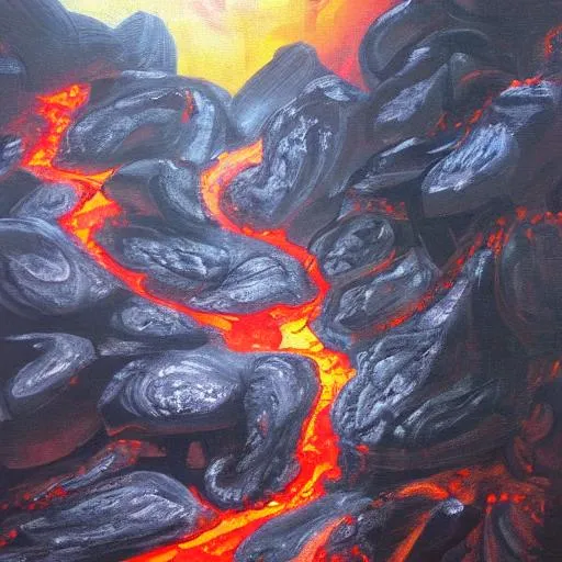 Prompt: a painting of stream of lava flowing through dark rocks, fantasy, dramatic, beautiful