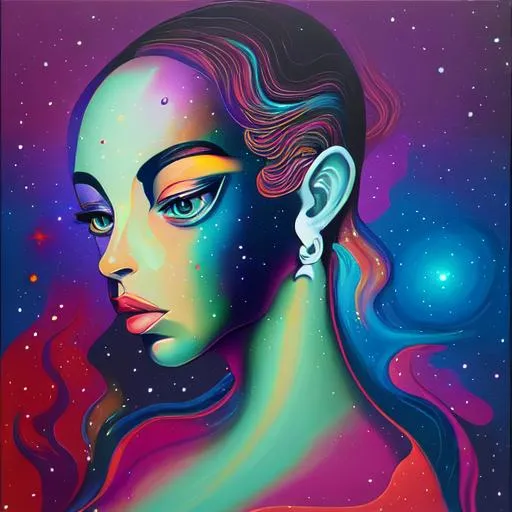 Prompt: Surreal portrait of beautiful female, cosmic landscape background, acrylic on canvas in style of post modernism 