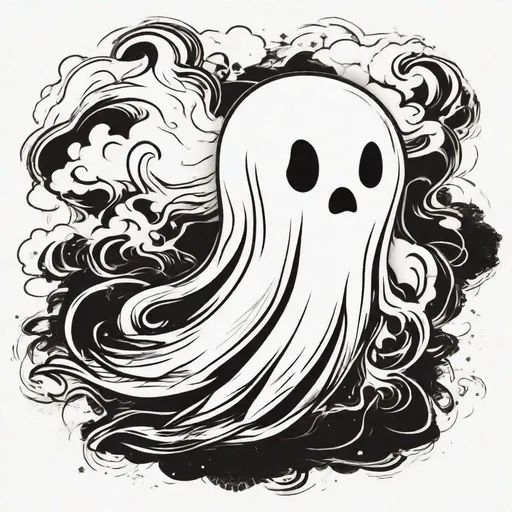 Prompt: ghost vapor, wispy tail, cute cartoon vector, black mainly to outline not to fill space, white background, empty background, black and white, high contrast, 10 feet away