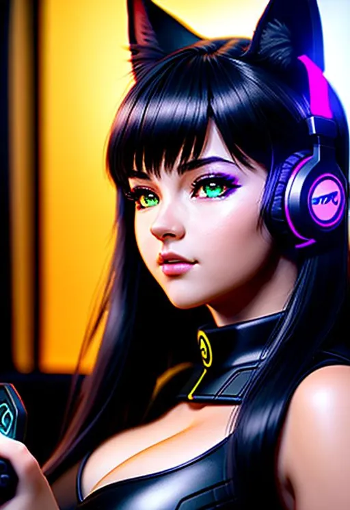 Prompt: Catgirl, detailed hyperrealism face, beautiful face, Beautiful girl, female gamer, (R-cup breast), full body, wear earphone rgb, playing game in the gaming room, Very detailed, 8k, shadow vibes, dark tone, dark shadow, glow in the dark, Naruto version, gaming color grading, (HDR, UHD, 64k, best quality, RAW photograph, best quality, masterpiece:1.5),UHD, hd , 64k, hyperrealism, Very detailed, full body, hyperrealism, Very detailed, in hyperrealistic detail, A hyper realistic detailed full body image of a lying down feminine ((sexy woman)) who has ((sparkling white in eyes)), ((magic angel white in hair)) with ((sexy outfit)) with a plunging neckline, angel wings, golden halo, balayage wild hair, highly detailed, digital painting, Trending on artstation, HD quality, ((Yennefer)), ((by Prywinko)), ((huge breast)), ((sexy)), ((by Sakimichan))