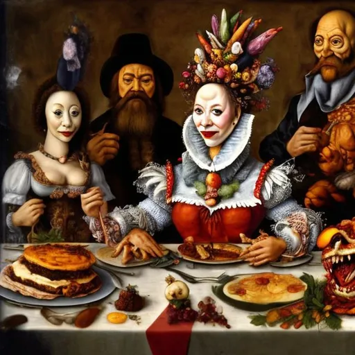 Prompt: Mete a una mujer de un cuadro de Giuseppe Arcimboldo sentada a la mesa de un restaurante y con un toque pop
