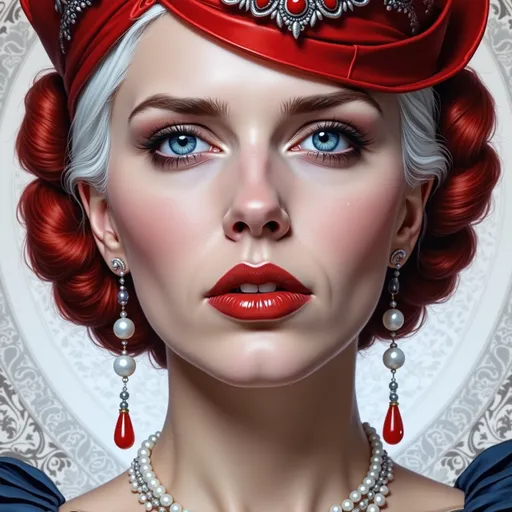 Prompt: fashionable 1st class  female passenger on the Titanic, pale skin, green eyes,  dark styled hair, large lips,  looking sad, facial closeup, vibrant colors, red dress and elaborate hat with feathers
