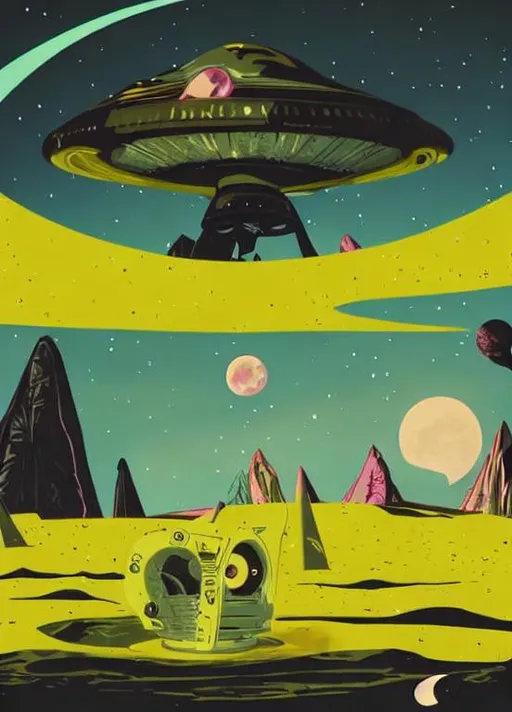 Prompt: Psychedelic moon cult retro futurism sci fi fantasy 1950s space age
