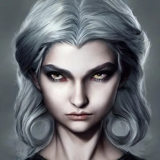 Prompt: a young witch with silver hair, with yellow eyes
realistic face, art by artgerm and felix englund and greg rutkowski