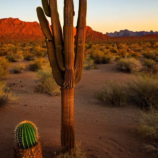 Prompt: desert at sunset, large sahuaro cactus, faint stars