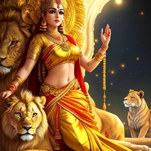 Prompt: Beautifull golden image of Durga maa, super realistic  awesome nO blur , perfect hands sitting with a lion, perfect hands , full body, wearing saree fierce, full body portrait